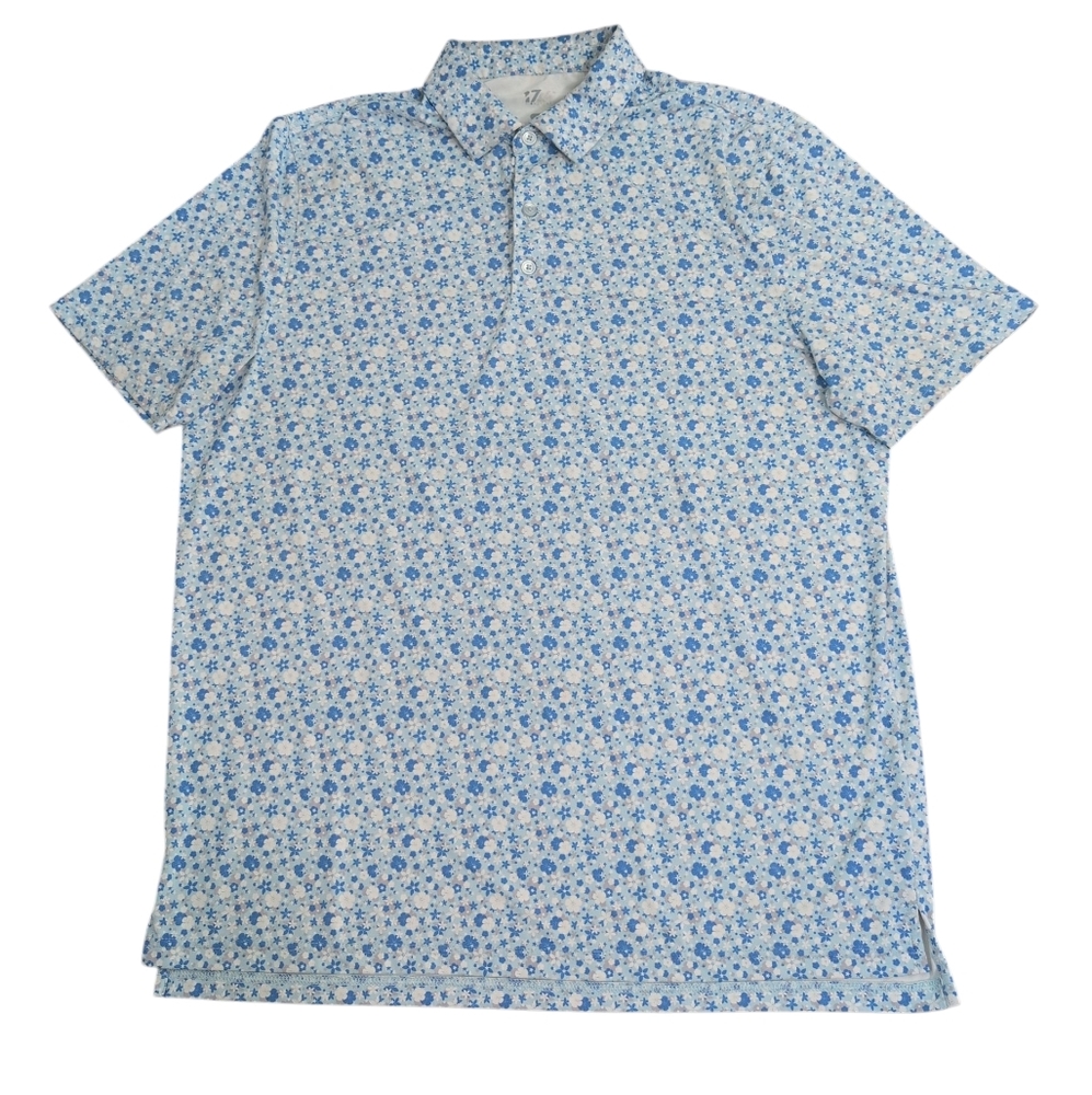 1764 Signature Polo Shirt, Blue White Floral Flowers, Men's Large Golf Tennis